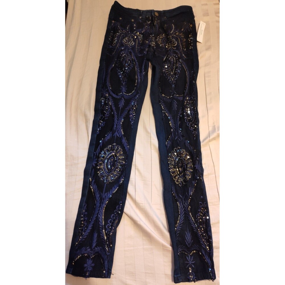 NWT Handmade Venus Stretch Jeans Embellished with Embroidery and Sequins Size 2